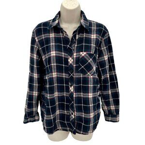 Forever 21 Womens Navy Plaid Long Roll Tab Sleeve Button-Up Shirt Size S